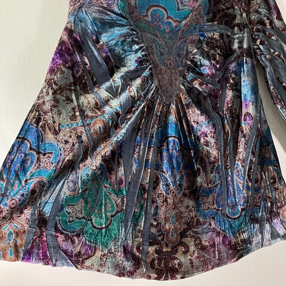 ONE WORLD Velour V-neck Top 2X Flare Sleeve Mixed Print Fairy Grunge Whimsigoth - Picture 6 of 12